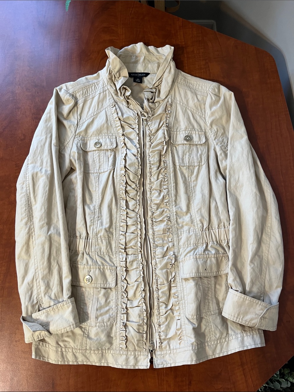 White House Black Market Beige Ruffle-Trim Utility Jacket Size 12
